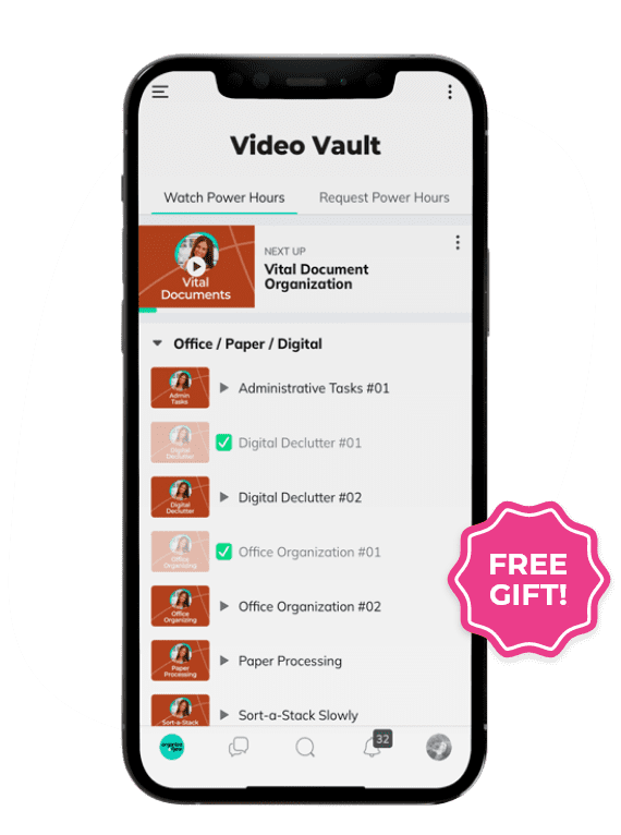 The Video Vault in the Organize & Flow app on a phone, with a list of Power Hour videos and a Free Gift badge.
