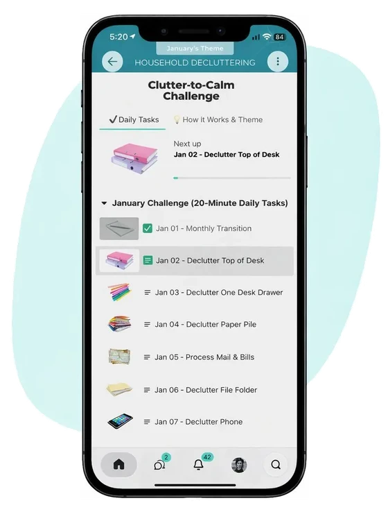 The Clutter-to-Calm Challenge in the Organize & Flow app, with a list of 20-minute daily tasks.
