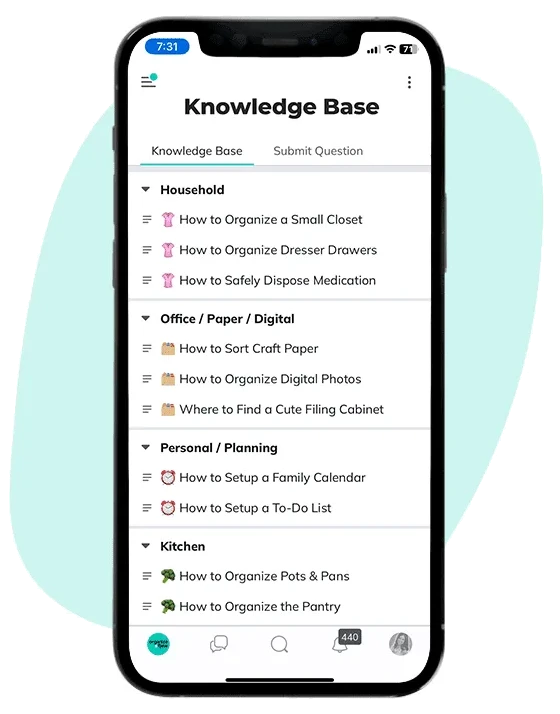 The Knowledge Base in the Organize & Flow app, with how-to guides grouped by topic.